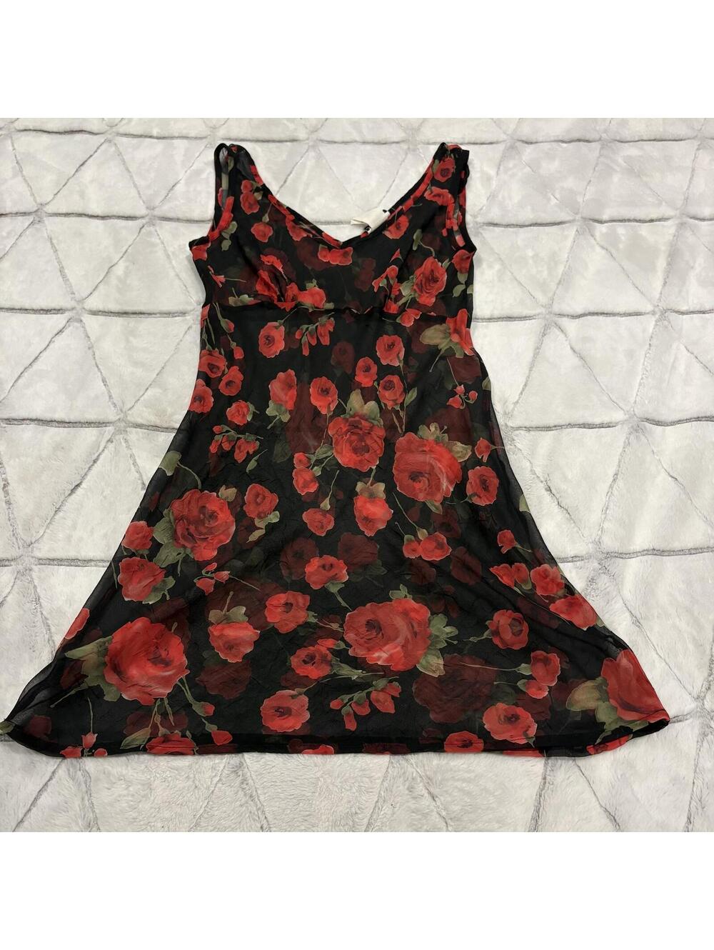 Jalate Vintage Sheer Floral Dress Women Size Regular M Black Red Goth Grunge